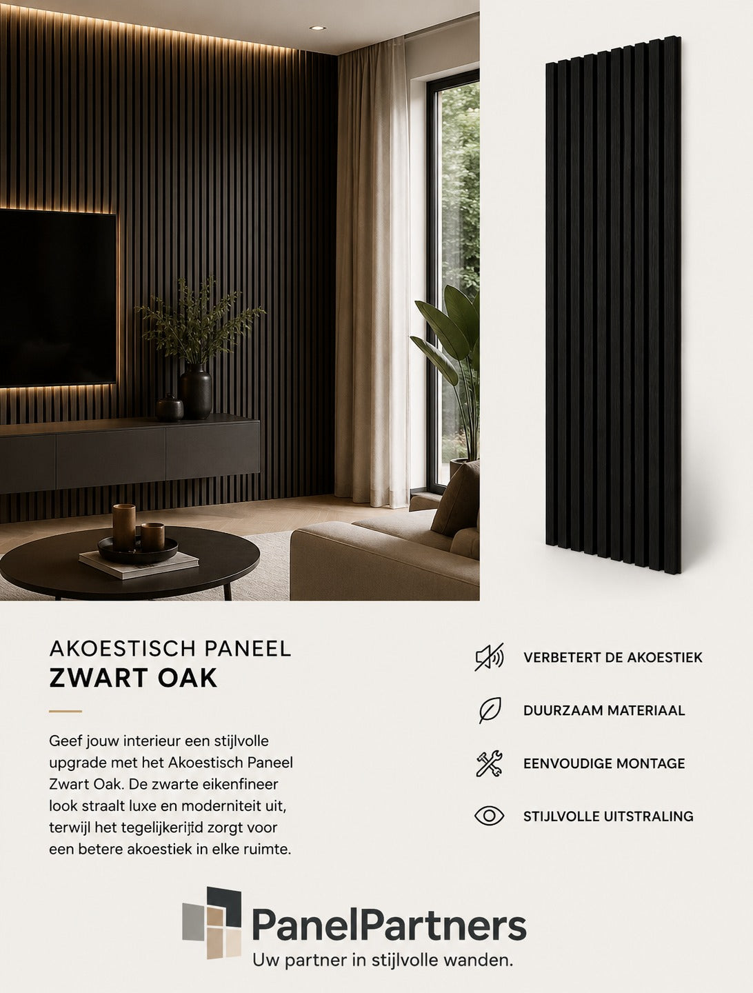 Zwart Oak – Akoestisch Paneel 260x60 cm