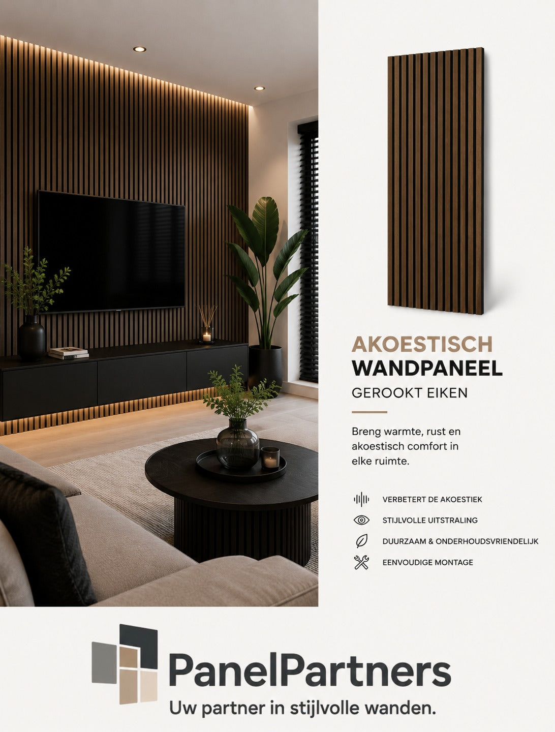 Gerookt Eiken – Akoestisch Paneel 260x60 cm